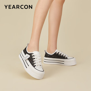 YEARCON 意尔康 女鞋厚底增高平底鞋学生低帮潮流网纱帆布鞋 29513W 黑色 35