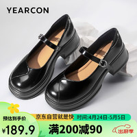 YEARCON 意尔康 女鞋厚底粗跟浅口乐福鞋搭扣玛丽珍单鞋女 29600W 黑色 38