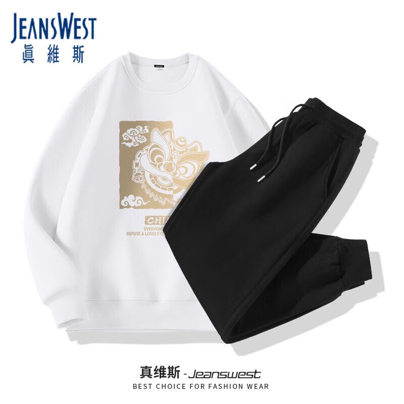 JEANSWEST 真维斯 男士运动套装秋冬季中国风国潮醒狮青少年卫衣两件装宽松大码秋装