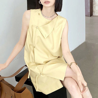 新中式复古盘扣连衣裙女装2024春夏季圆领气质黄色裙子潮