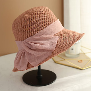 JOLISAC夏季遮阳帽手工织女士防晒渔夫帽休闲时尚沙滩帽子可折叠草帽女 橡皮粉 可调节