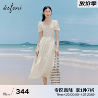 eifini 伊芙丽 法式优雅泡泡袖设计感褶皱拼接V领连衣裙2023夏气质仙女裙 米白 160/84A/M