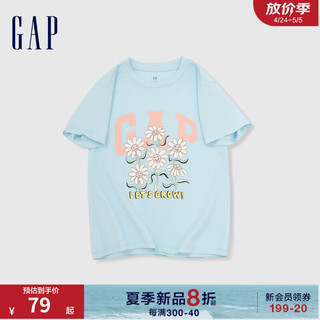 Gap女童2024夏季纯棉logo印花圆领短袖T恤儿童装上衣890394 天蓝色 110cm(XXS)亚洲尺码