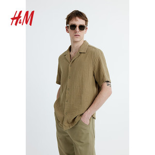 H&M男装上衣2024春季标准版型细棉布古巴领衬衫1158017 海军蓝 175/100