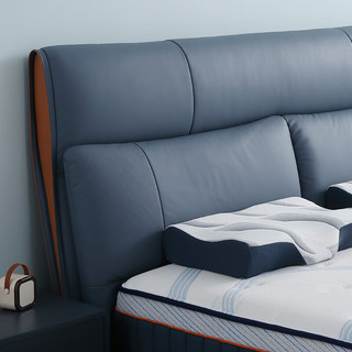 掌上明珠家居（M&Z）皮艺床主卧室简约头层牛皮双人床排骨架大床 床+1床头柜(蓝)+床垫+2乳胶枕+垫 1.8米款
