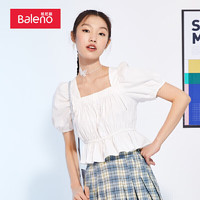 Baleno 班尼路 T恤2021夏季女装小方领泡泡袖短款衫甜美学院风上衣T恤 001W白色 L