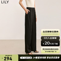 LILY2024夏女装设计感双褶气质通勤款垂坠感宽松直筒休闲裤女 510黑 XL
