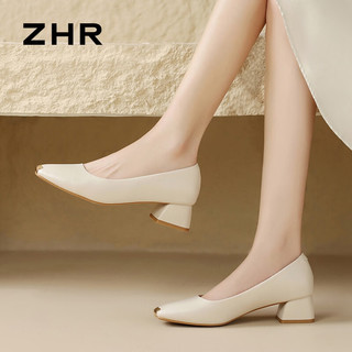 ZHR浅口单鞋女2024夏季气质方头中跟一脚蹬粗跟法式晚晚风温柔鞋 米色 39
