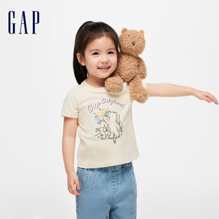Gap 盖璞 女幼童2024春季纯棉印花图案圆领短袖T恤儿童装上衣430240 浅黄色 110cm(4-5岁)亚洲尺码