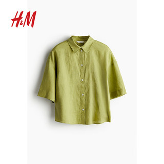 H&M女装衬衫2024夏季翻领休闲亚麻宽松透气落肩短袖上衣1206077 绿色 160/88 S