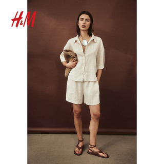 H&M女装衬衫2024夏季翻领休闲亚麻宽松透气落肩短袖上衣1206077 绿色 160/88 S