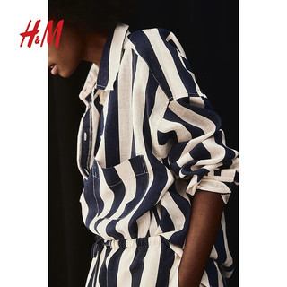 H&M女装衬衫2024夏季翻领透气亚麻廓形贴袋落肩长袖上衣1204900 浅粉色 160/88