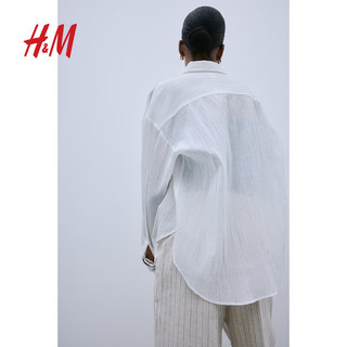 H&M女装衬衫2024夏季长袖休闲基础透气棉质大廓形衬衣1214338 白色 160/88