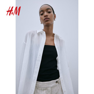 H&M女装衬衫2024夏季长袖休闲基础透气棉质大廓形衬衣1214338 白色 160/88