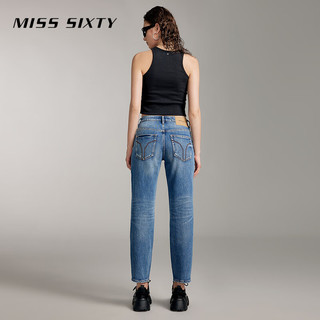 MISS SIXTY2024夏季含桑蚕丝牛仔裤女复古钮扣门襟显瘦直筒裤 中蓝 23