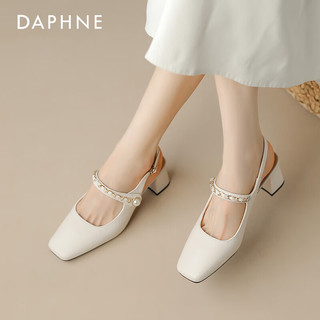 达芙妮单鞋女2024年夏季珍珠一字扣粗跟凉鞋法式小香风玛丽珍鞋 米白色 35
