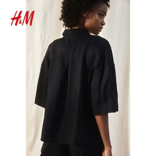 H&M女装衬衫2024夏季翻领休闲亚麻透气宽松落肩短袖上衣1206077 黑色 160/88 S