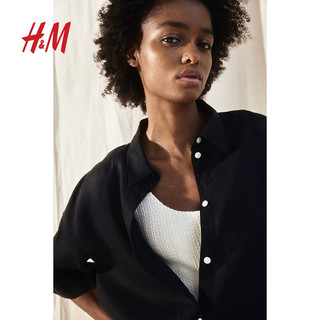 H&M女装衬衫2024夏季翻领休闲亚麻透气宽松落肩短袖上衣1206077 黑色 160/88 S