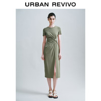 URBAN REVIVO 女士时尚设计感扭结开衩修身连衣裙 UWH740032 橄榄绿 L
