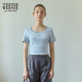 Teenie Weenie小熊2024年夏季撞色圆领短袖T恤多巴胺ins风时尚 浅蓝色 155/XS