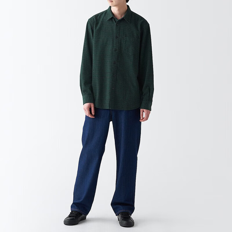 无印良品（MUJI）男式 法兰绒 长袖衬衫 休闲百搭衬衫 绿色格纹 S