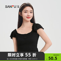 SANFU 三福 短T恤2024夏季小飞袖短款圆领小清新气质易搭配上衣女装486729 黑色 S