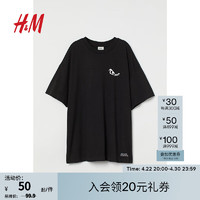 H&M 女装T恤夏季宽松柔软纯棉圆领字母印花潮牌短袖长上衣1011059 黑色/No Fear 155/80