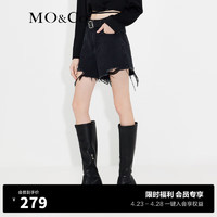 MO&Co.【福利】做旧烂边高腰牛仔短裤美式复古设计感时髦热裤 牛仔黑色 26/S