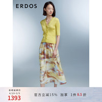 ERDOS 早春精纺V领多巴胺抽条短袖羊绒桑蚕丝女开衫针织衫 柠檬黄 160/84A/M