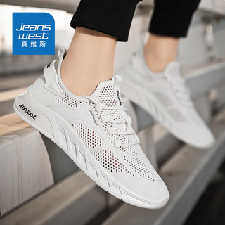 真维斯（Jeanswest）鞋子男夏季透气镂空网鞋男鞋休闲跑步男士运动鞋 白色 44码
