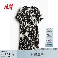 H&M 女装2024春季新品粘纤裙衫式连衣裙1214786 黑色/花卉 165/96