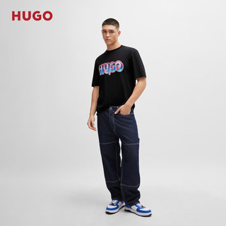 HUGO男士2024夏季徽标图案装饰棉质平纹短袖T恤 001-黑色 EU:L