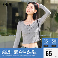 Semir 森马 T恤女短款圆领温柔感蝴蝶结鱼骨紧身内搭2024春109124101005