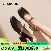 YEARCON 意尔康 女单简约休闲通勤玛丽珍鞋粗跟女单鞋 36588W 黑色 39