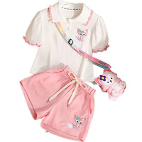 套装夏款新款女孩韩版洋气短袖甜美短裤两件套薄 粉色套装1583 110cm