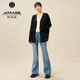 阿玛施（AMASS）宽松中长款字母logo纯羊绒针织开衫女毛衣5499169 黑 M(3码)