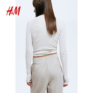 H&M女装裤子2024春季烫折线松紧高腰通勤气质阔腿西裤1091186 浅米色 160/72