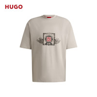 HUGO男士24夏季季节元素图案刺绣装饰棉质平纹针织T恤 055-深米色 EU:S