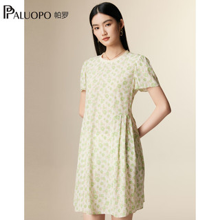 帕罗（PALUOPO）女式连衣裙2024春夏真丝圆领短袖撞色沙滩优雅A字中裙设计感 夹花绿 M(160/84A)
