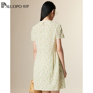 帕罗（PALUOPO）女式连衣裙2024春夏真丝圆领短袖撞色沙滩优雅A字中裙设计感 夹花绿 M(160/84A)
