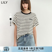 LILY 2024夏新款撞色条纹微廓形基础百搭宽松白T恤女