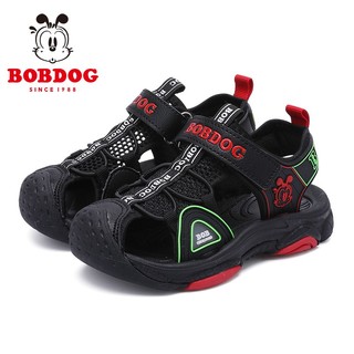 巴布豆（BOBDOG）男童网凉鞋夏季潮牌儿童包头鞋子 黑/红; 29码内长18.1cm