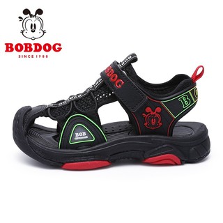 巴布豆（BOBDOG）男童网凉鞋夏季潮牌儿童包头鞋子 黑/红; 29码内长18.1cm