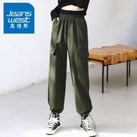 百亿补贴：JEANSWEST 真维斯 直筒束脚抽绳工装裤女春秋款嘻哈小个子休闲裤潮ins酷帅气