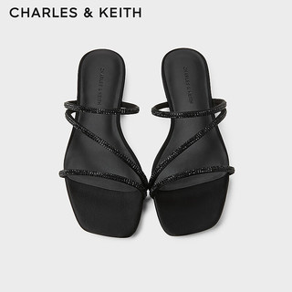 CHARLES&KEITH24春季方头亮钻细带外穿平底拖鞋CK1-70381036 BLACK TEXTURED黑色纹理 35