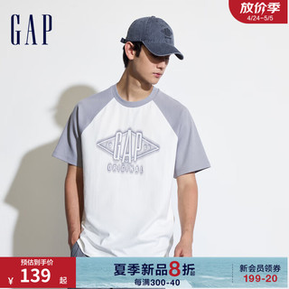 Gap男女装2024夏季撞色插肩袖logo圆领短袖T恤宽松上衣463174 白色 165/88A(S)亚洲尺码