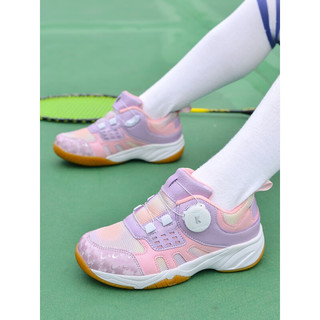 尤斯比儿童羽毛球鞋旋转扣免系带童鞋防滑透气女童男童夏季网面运动 粉色 T211 32 (内长20.68CM)