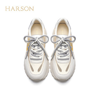 哈森2024春夏百搭运动鞋女圆头舒适休闲鞋增高透气网面女鞋HWC240148 米银色 35