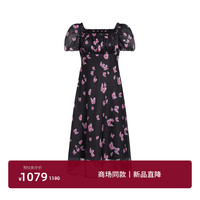 欧时力柯根纱印花连衣裙女 夏方领法式茶歇裙 黑色 XS