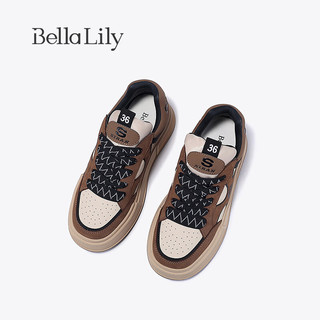 Bella Lily2024春季厚底增高板鞋女原创设计休闲鞋牛皮运动鞋 咖啡 35